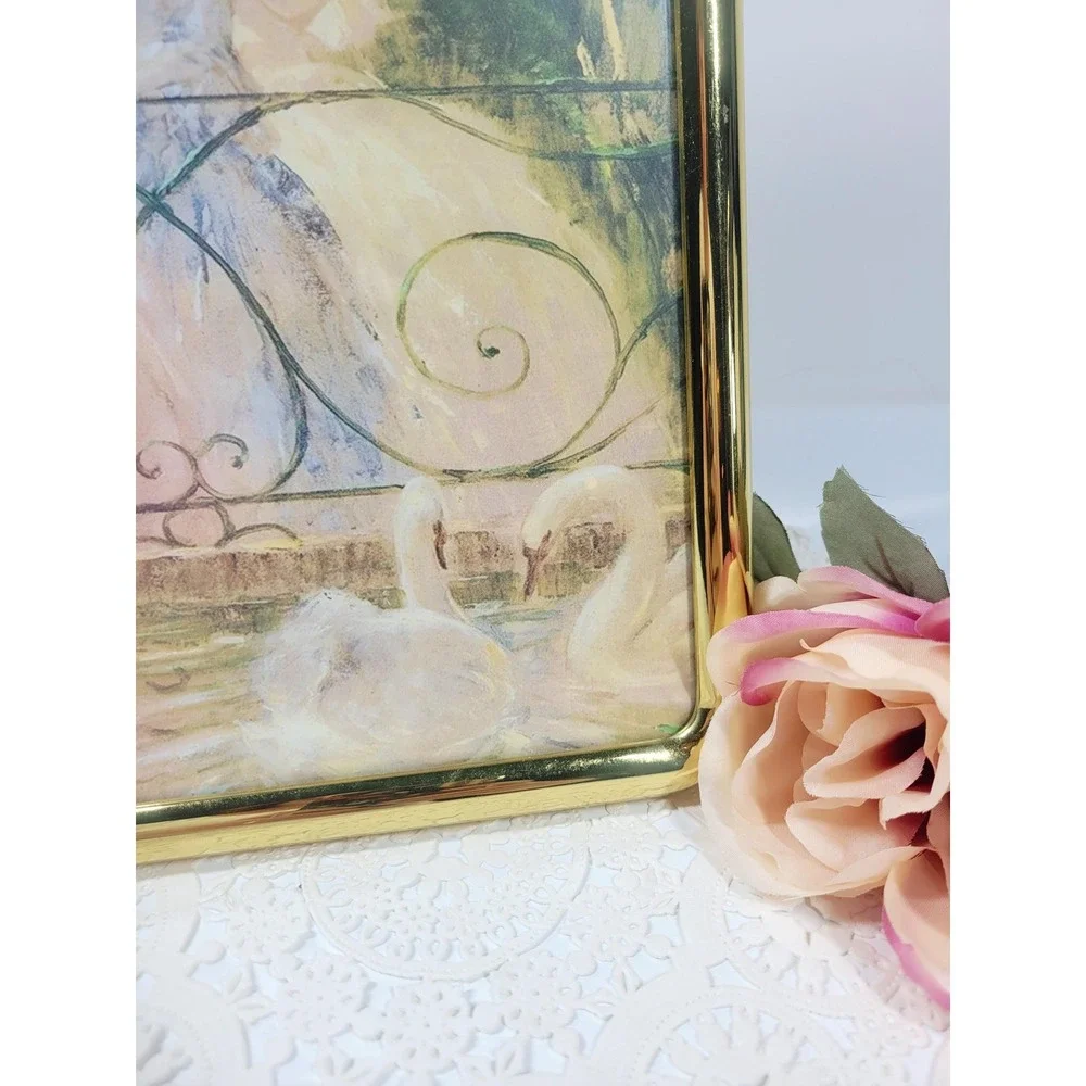 Vintage Brass Burnes 8x10 polished gold photo table top frame swans artwork